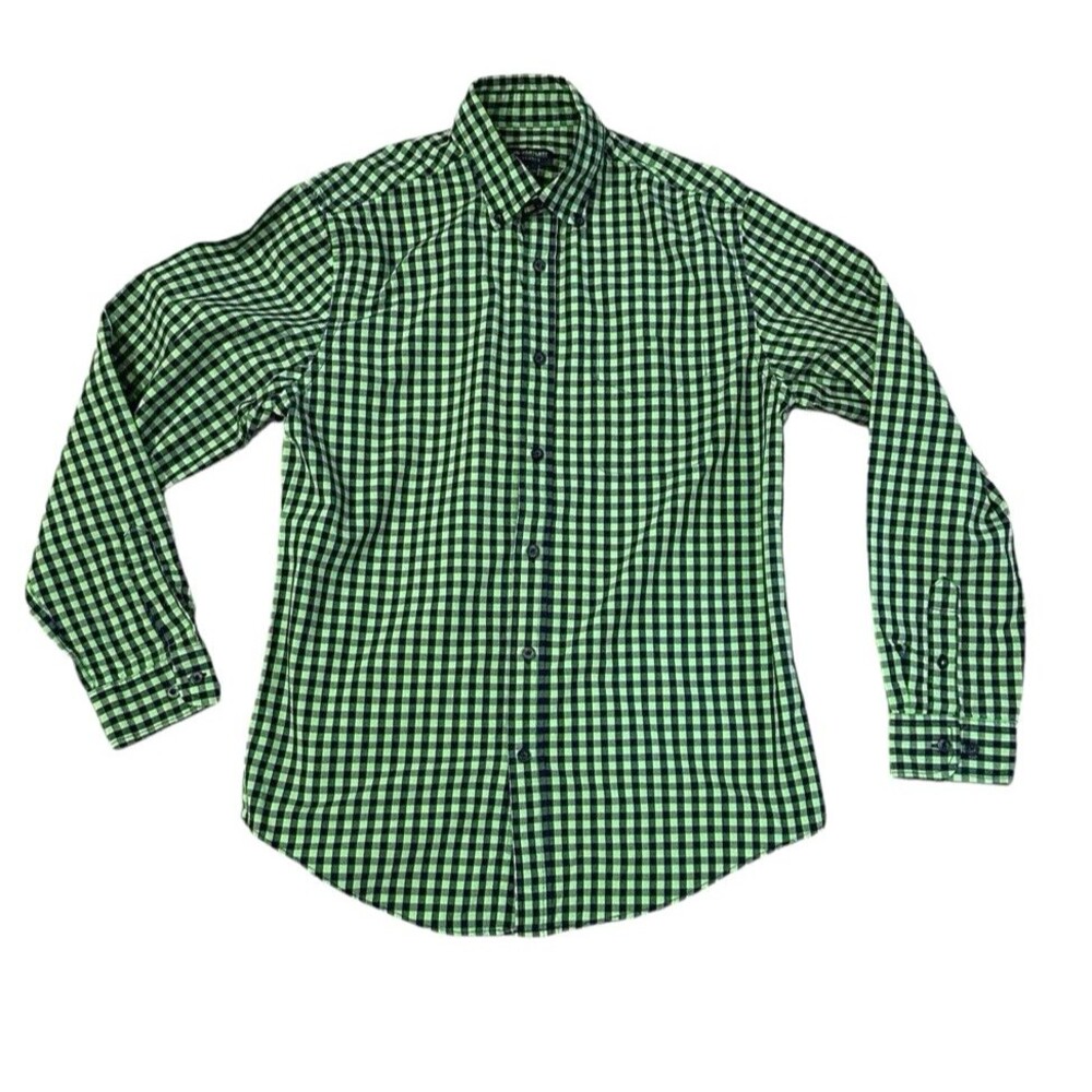 John Bartlett shirt S Long Sleeve Button Up Green Blue Gingham Check preppy